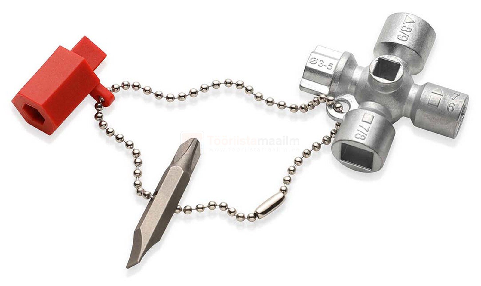 Pildil on KNIPEX standardvõti hoonete tehniliste seadmete jaoks, mille küljes on kruvikeeraja ots ja punane käepide.