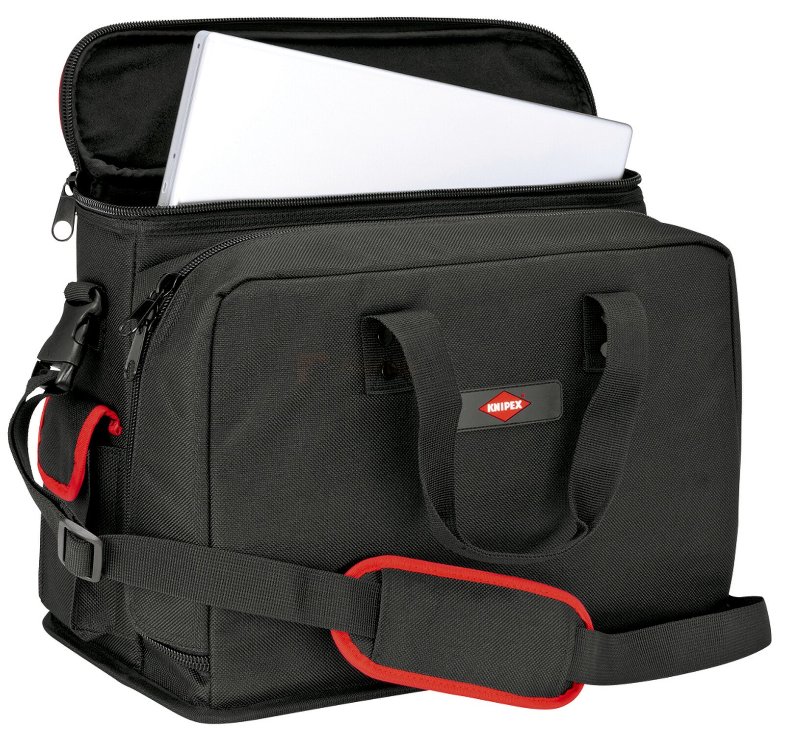 Pildil on must Knipex tööriistakott „Service“, millel on avatud pealmine sahtel, kus sees on valge sülearvuti, ning...