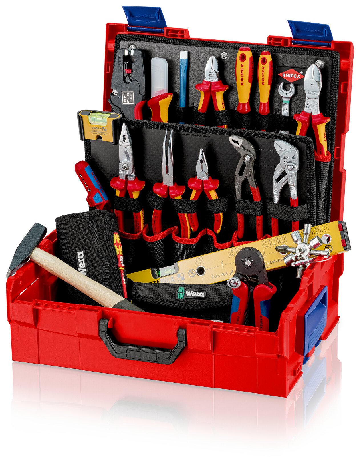 Pildil on avatud KNIPEX L-BOXX® elektrikule - 63 osa tööriistakohver, mis sisaldab erinevaid tööriistu nagu tangid...