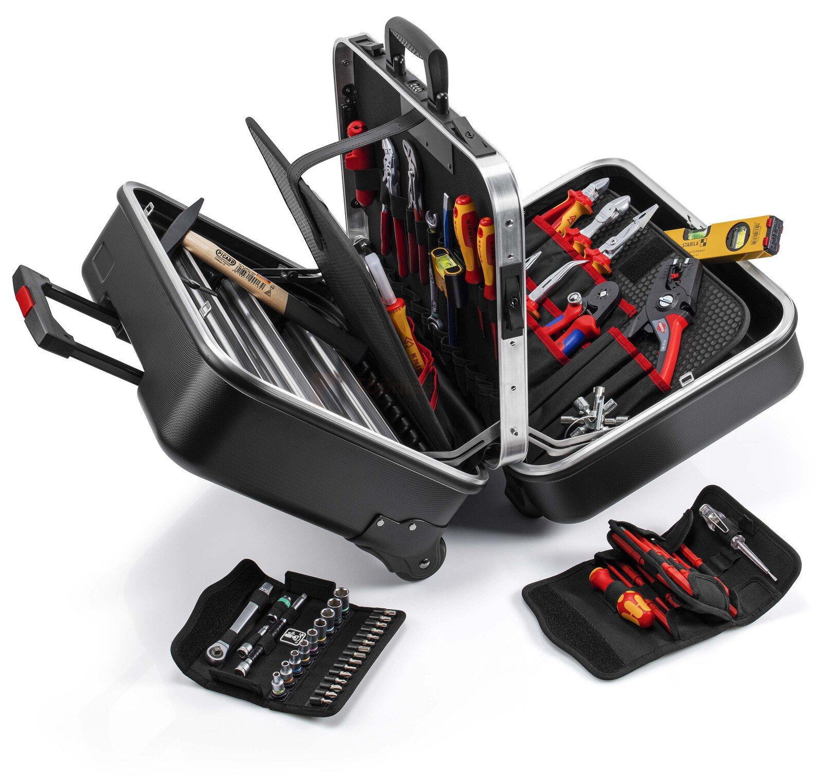 Pildil on avatud KNIPEX tööriistakohver „Big Twin Move“ elektrikutele, mis sisaldab erinevaid tööriistu, nagu tangid...