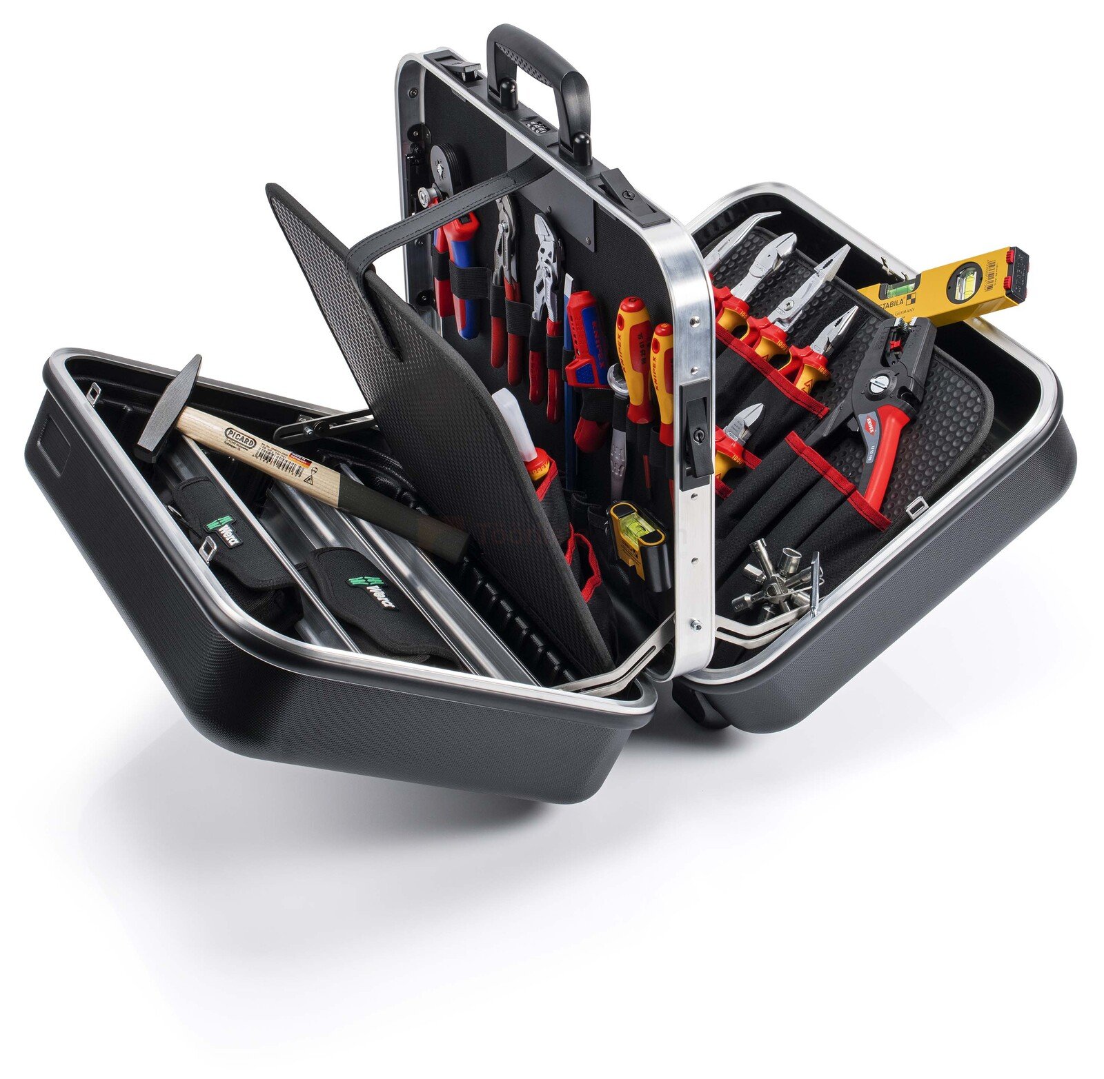 Pildil on avatud KNIPEX "BIG Twin" tööriistakohver elektrikule, mis sisaldab 63 osa ja mille sisu on selgelt nähtav.