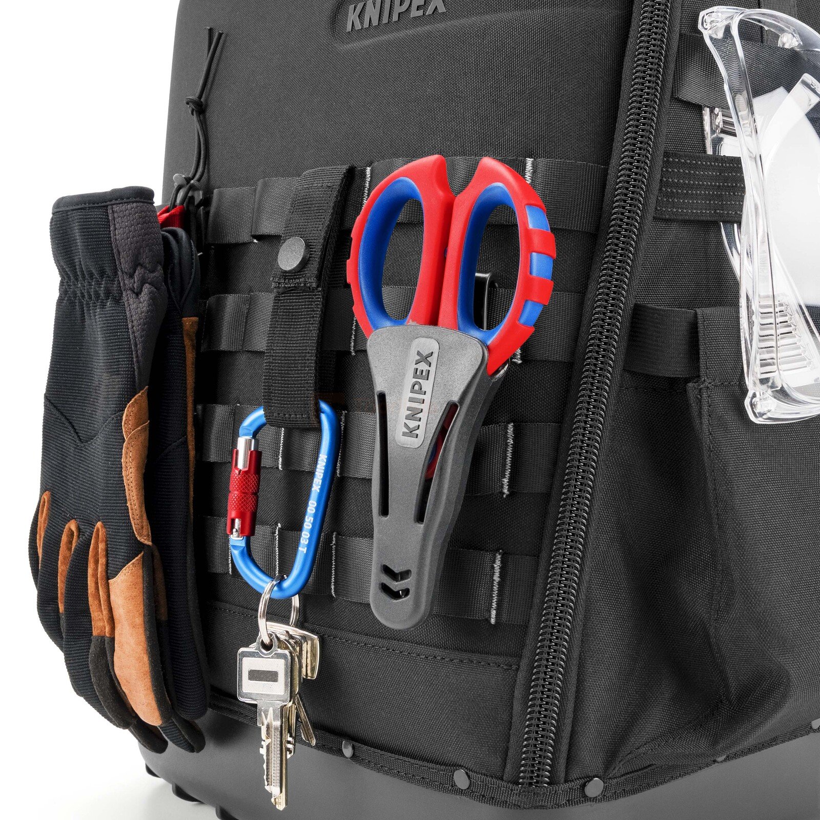 Pildil on must KNIPEX Modular X18 tühi tööriistakott, mille küljes on kinnitatud kindad, karabiiniga võtmed, Knipex...