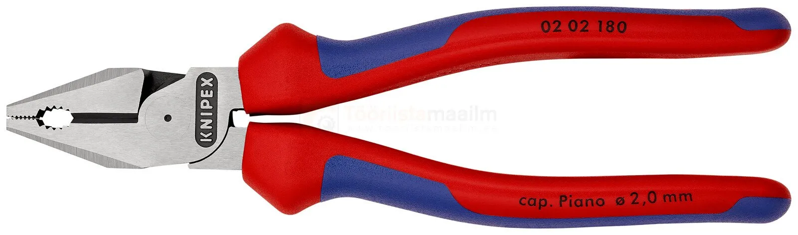 Pildil on Knipex kõrge hoovaga kombineeritud tangid, millel on punased ja sinised käepidemed.