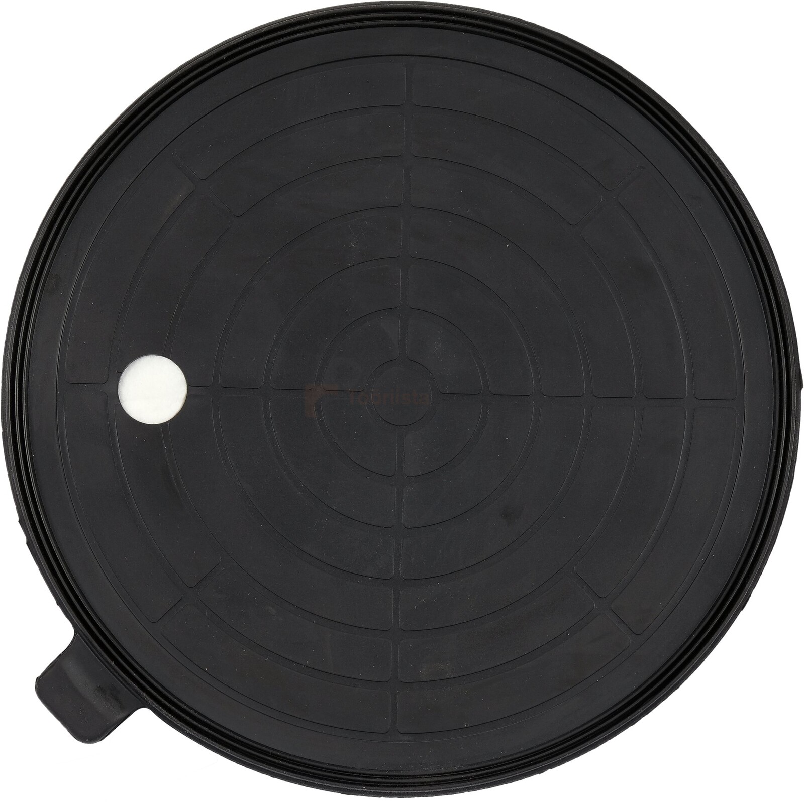 Pildil on must Vorel iminapp, mille läbimõõt on 204 mm ja millel on valge auk ning ringikujulised sooned.