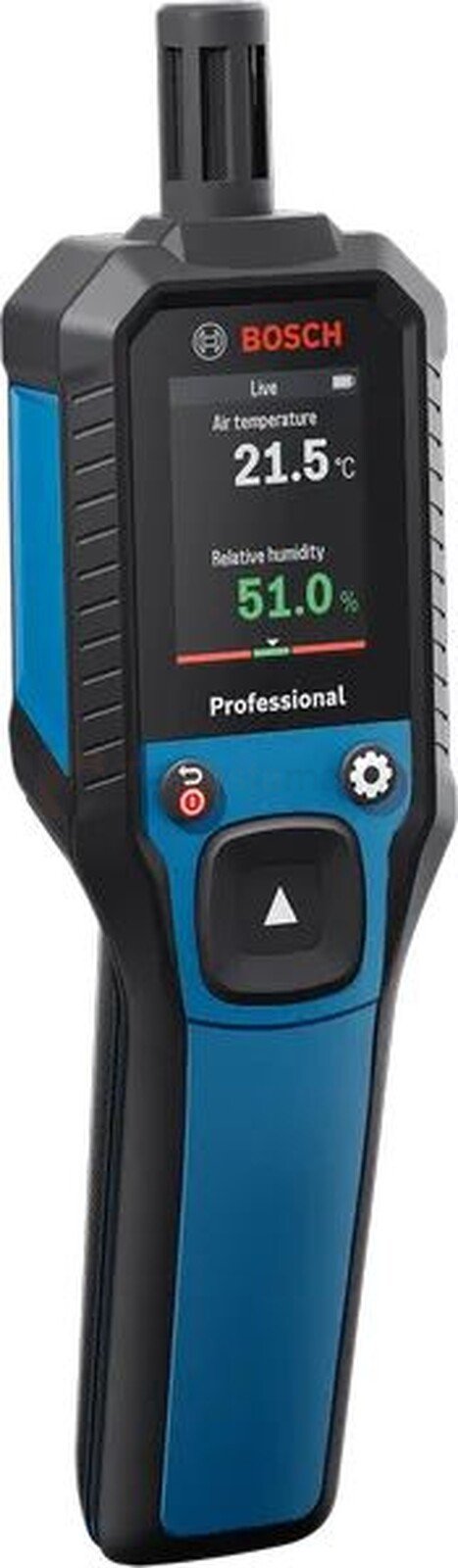 Pildil on sinise ja musta värviga Bosch termo-hügromeeter GDH 1-17, mis näitab ekraanil õhutemperatuuri ja suhtelist...