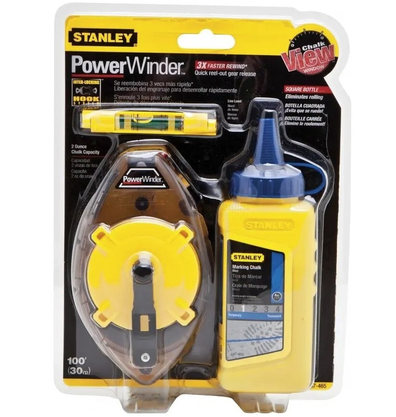 Pildil on Stanley PowerWinder 30 m märkeliinikomplekt, mis sisaldab märkeliini, täidet ja nööriloodi.