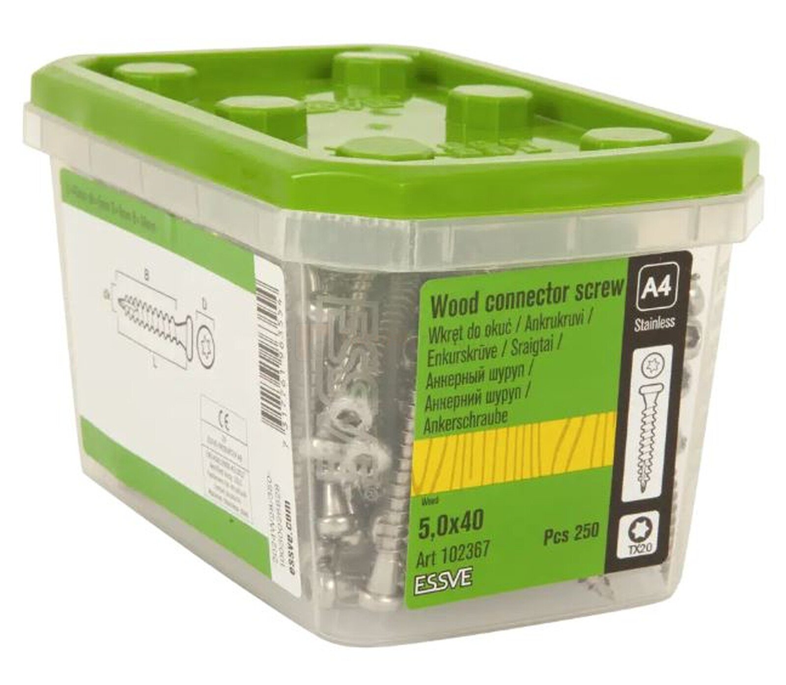 Pildil on Essve ankrukruvide 5,0x40mm, A4 - 250tk komplekt läbipaistvas plastkarbis.