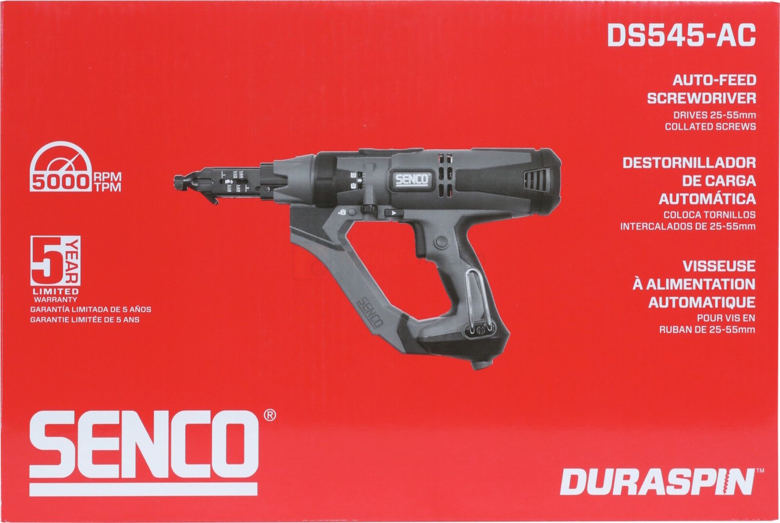 Pildil on Senco DuraSpin DS545-AC automaatse etteandega kruvikeeraja, mis on pakitud karpi.