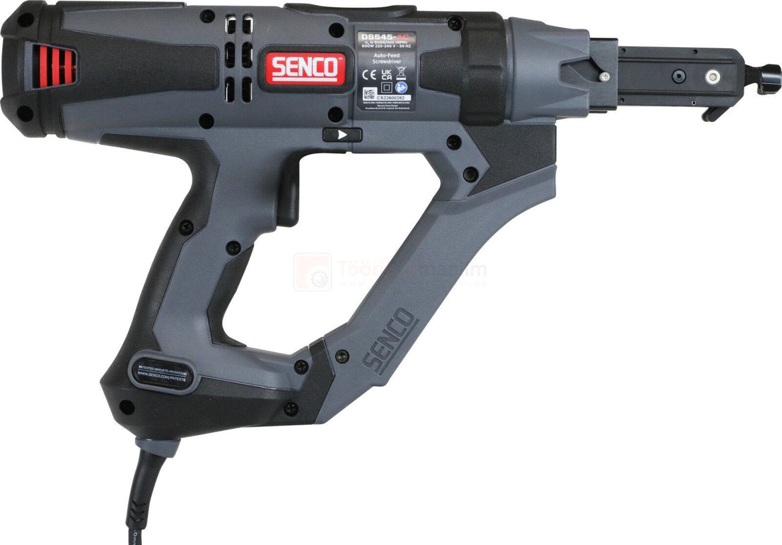 Pildil on SENCO DuraSpin DS545-AC kruvikeeraja, millel on ergonoomiline disain ja mis on mõeldud kruvide kiireks...