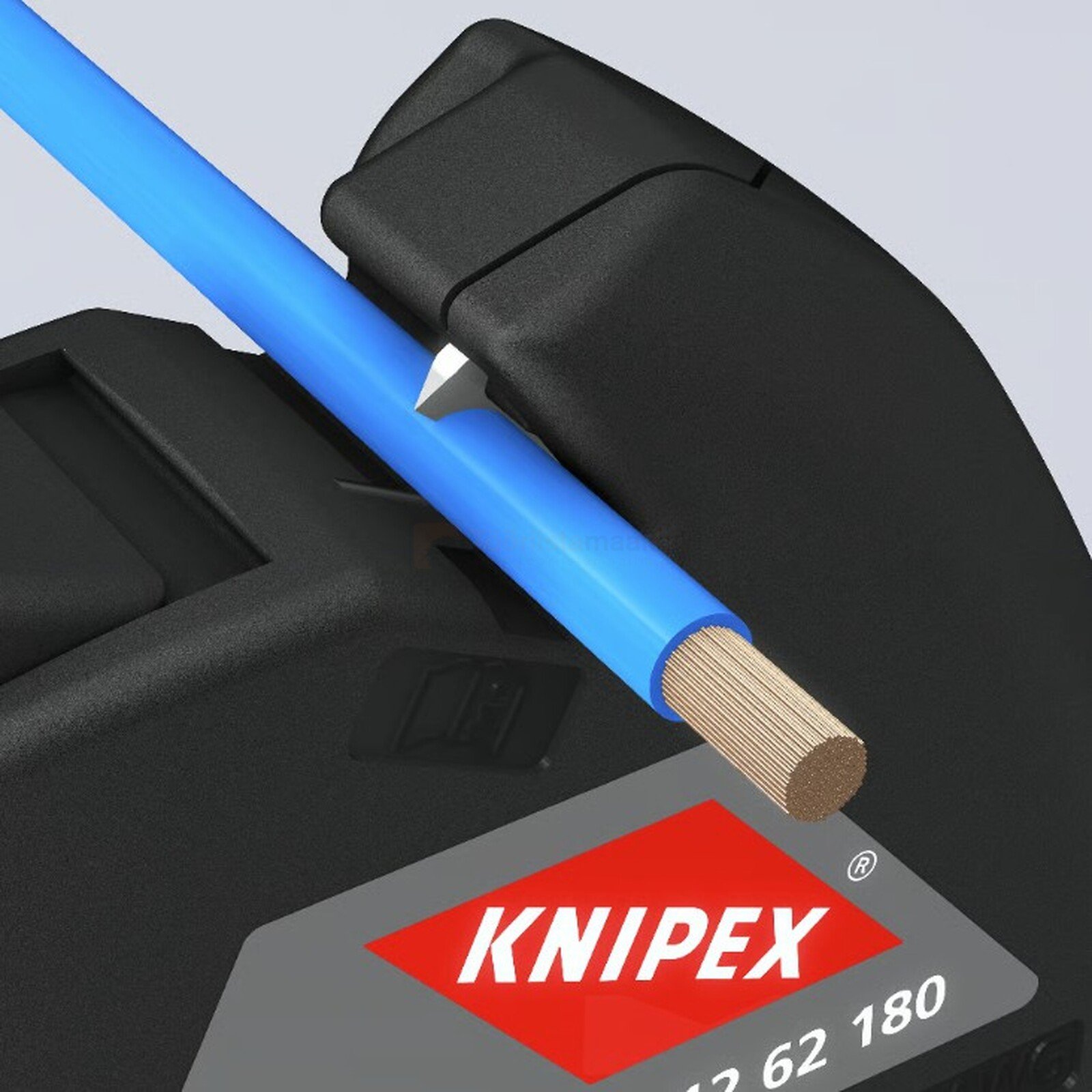 Pildil on Knipex automaatsed kaablikoorimistangid, mis koorivad sinise isolatsiooniga kaablit, näidates paljastatud juhtmeid.