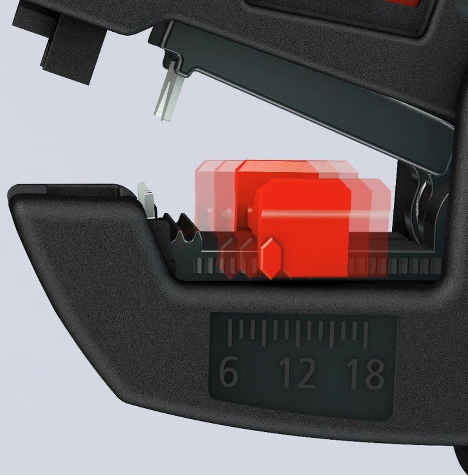 Pildil on Knipex automaatsete kaablikoorimistangide detail, mis näitab seadistusmehhanismi ja mõõteskaalat.