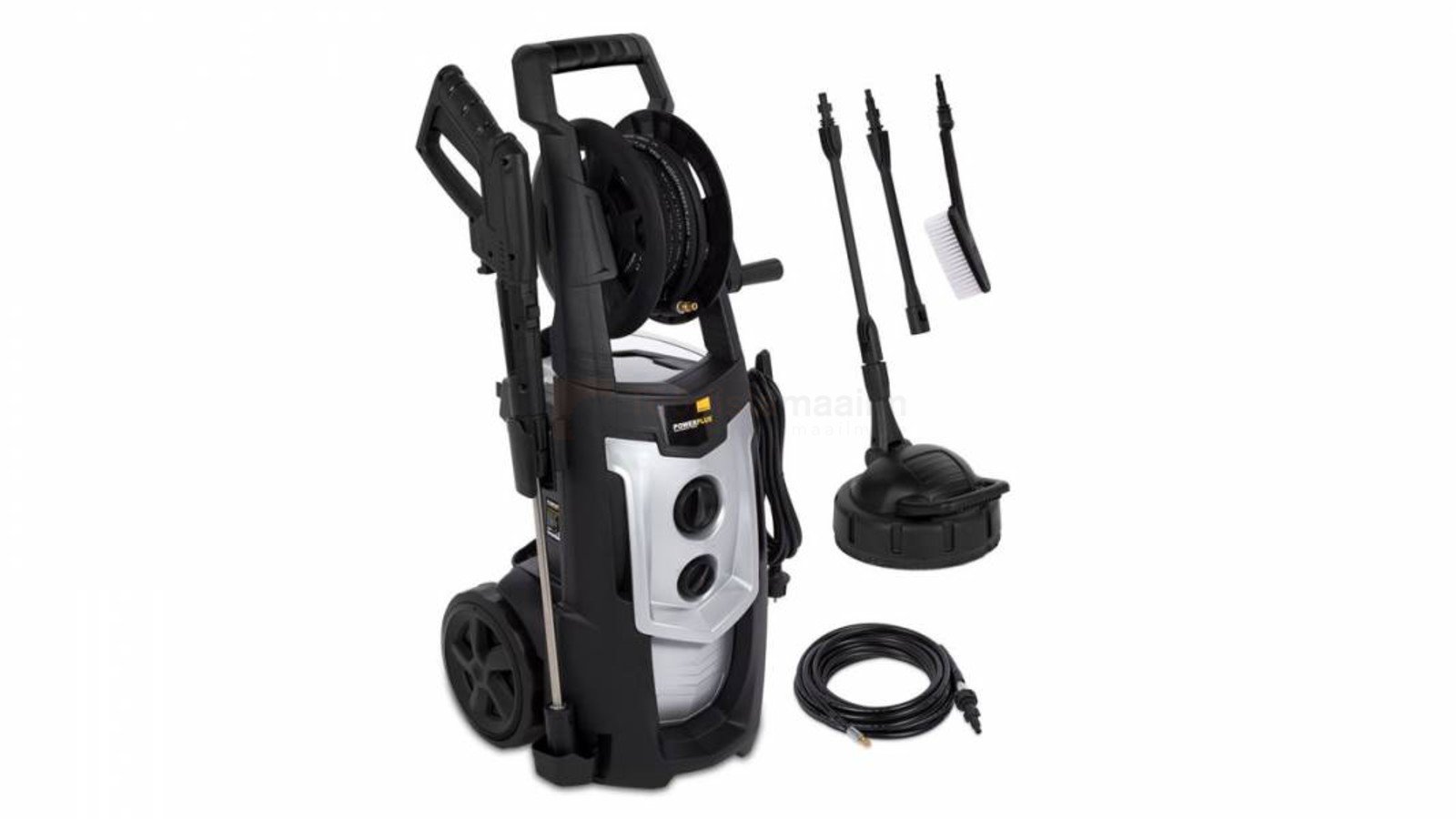 Pildil on Powerplus X POWXG90425 survepesur koos erinevate otsikute ja voolikuga.