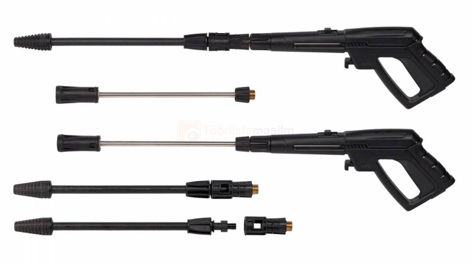 Pildil on näha Powerplus X POWXG90425 survepesuri komplekt, mis sisaldab kahte pesupüstolit ja erinevaid otsikuid.