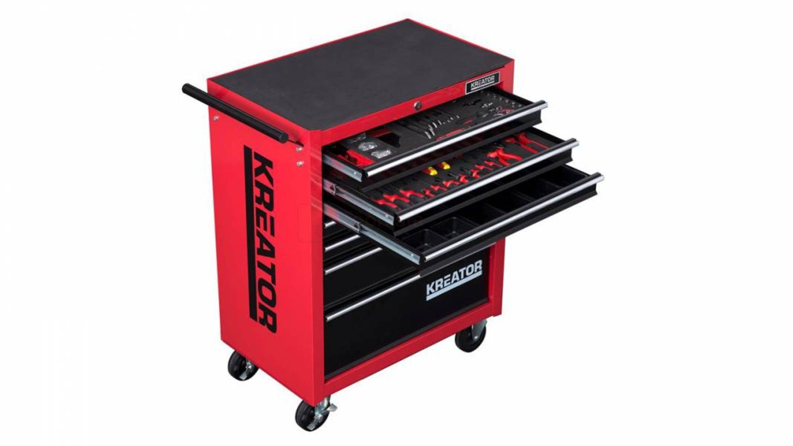 Pildil on punane Kreator tööriistakomplekt, millel on avatud sahtlid, mis sisaldavad erinevaid tööriistu.