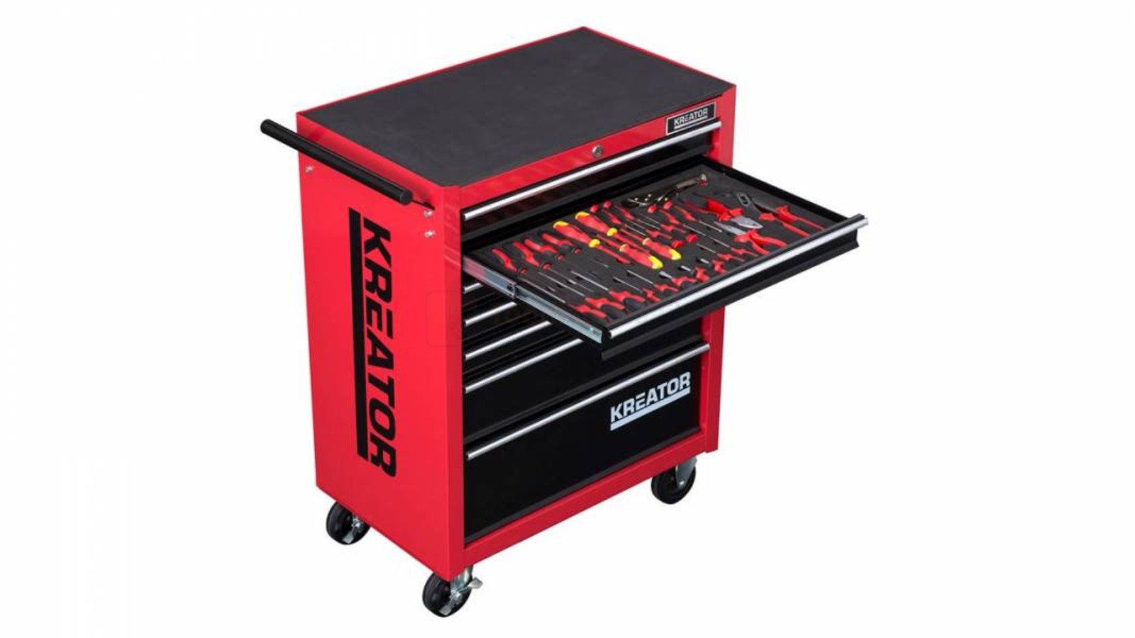 Pildil on punane Kreator tööriistakomplekt, millel on avatud sahtel täis tööriistu.