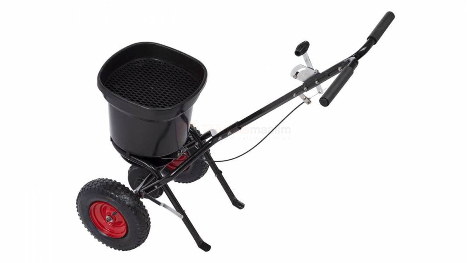 Pildil on ülevalt vaates Kreator 23 L külvik/laotur, millel on must anum, punaste ratastega alus ja käepide.