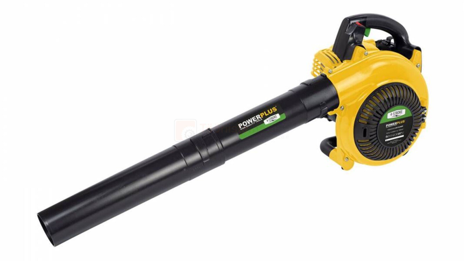 Pildil on kollane ja must Powerplus X POWXG50400 lehepuhur, millel on pikk toru ja käepide.