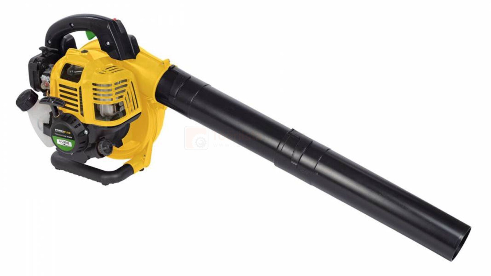 Pildil on kollane ja must Powerplus X lehepuhur POWXG50400, millel on pikk toru ja käepide.