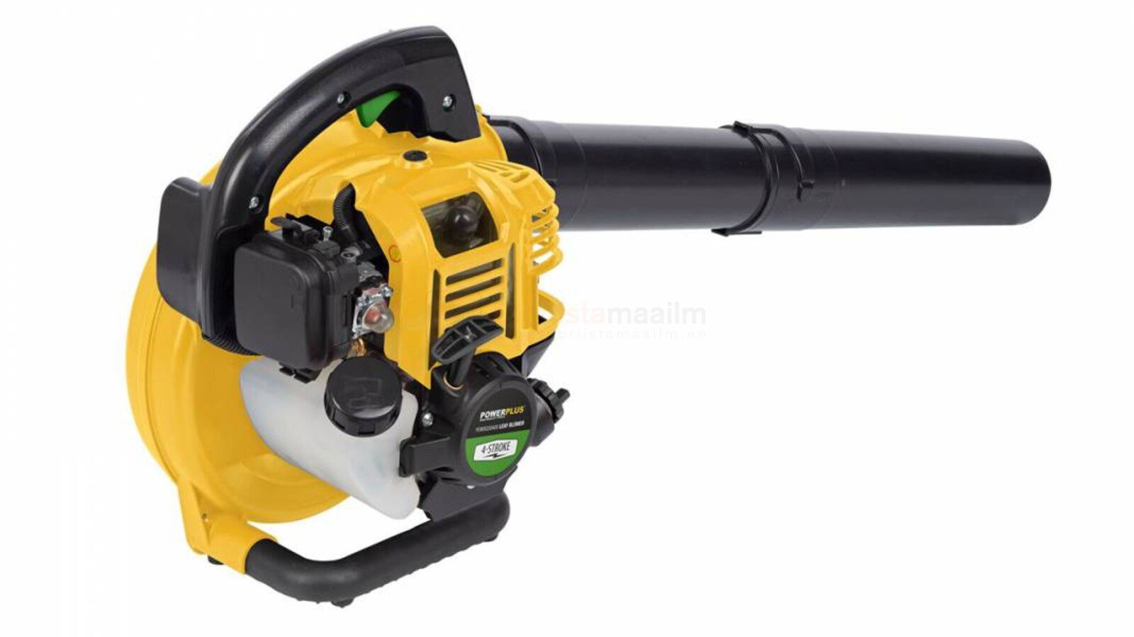 Pildil on kollane ja must Powerplus X lehepuhur POWXG50400, millel on must puhumistoru ja käepide.