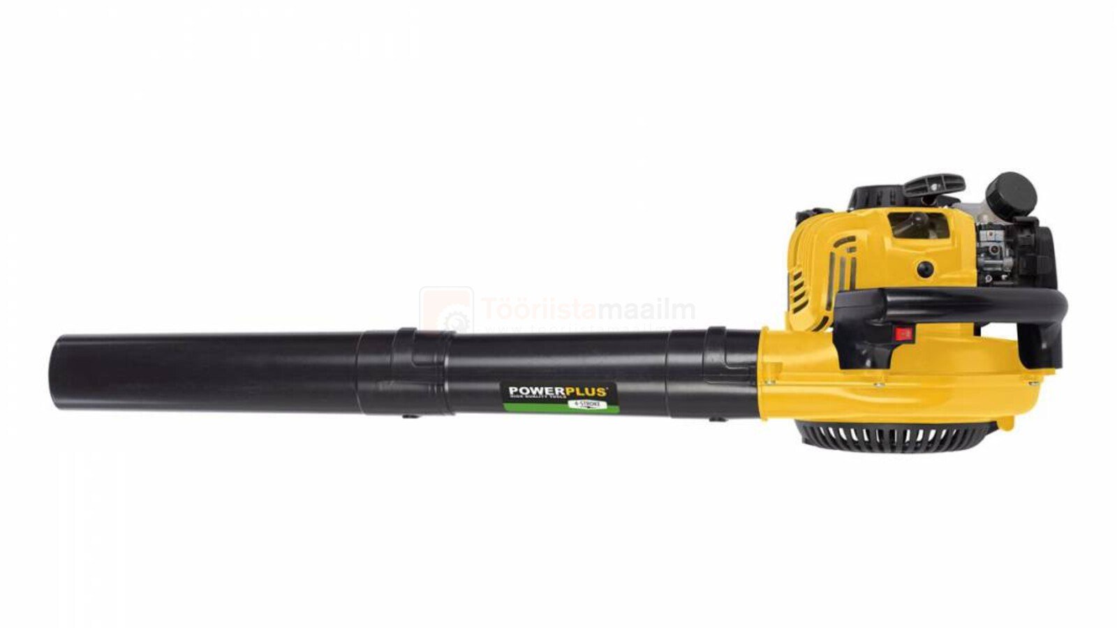 Pildil on kollane ja must Powerplus X POWXG50400 lehepuhur, millel on pikk toru ja mootor.
