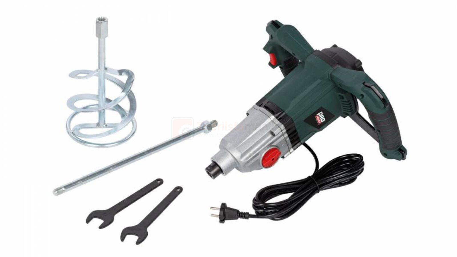 Pildil on Powerplus E segumikser POWP6040 koos segamisvispli, võtmete ja pikendusvardaga.