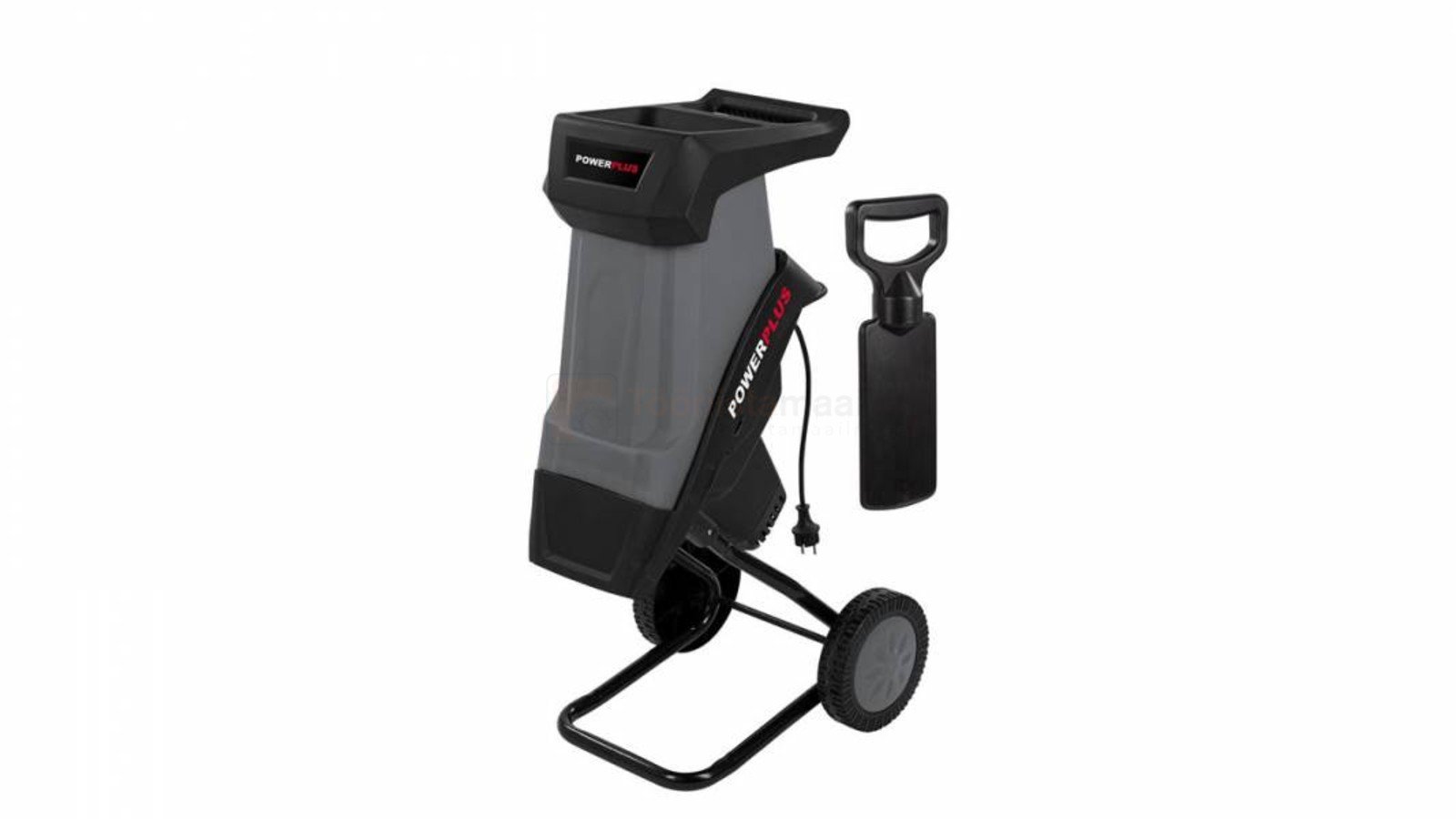 Pildil on Powerplus E oksapurustaja POWEG5011, millel on mustad rattad, käepide ja suruja.