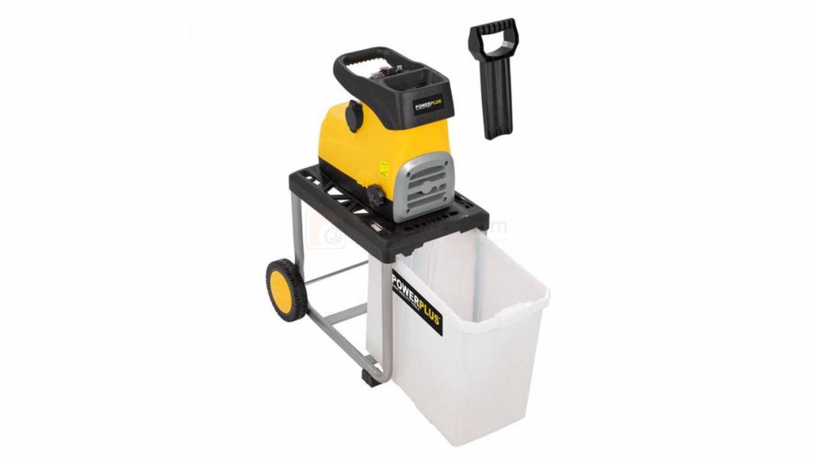 Pildil on Powerplus X oksapurustaja POWXG6462, millel on kollane korpus, must käepide, valge kogumiskast ja see on...