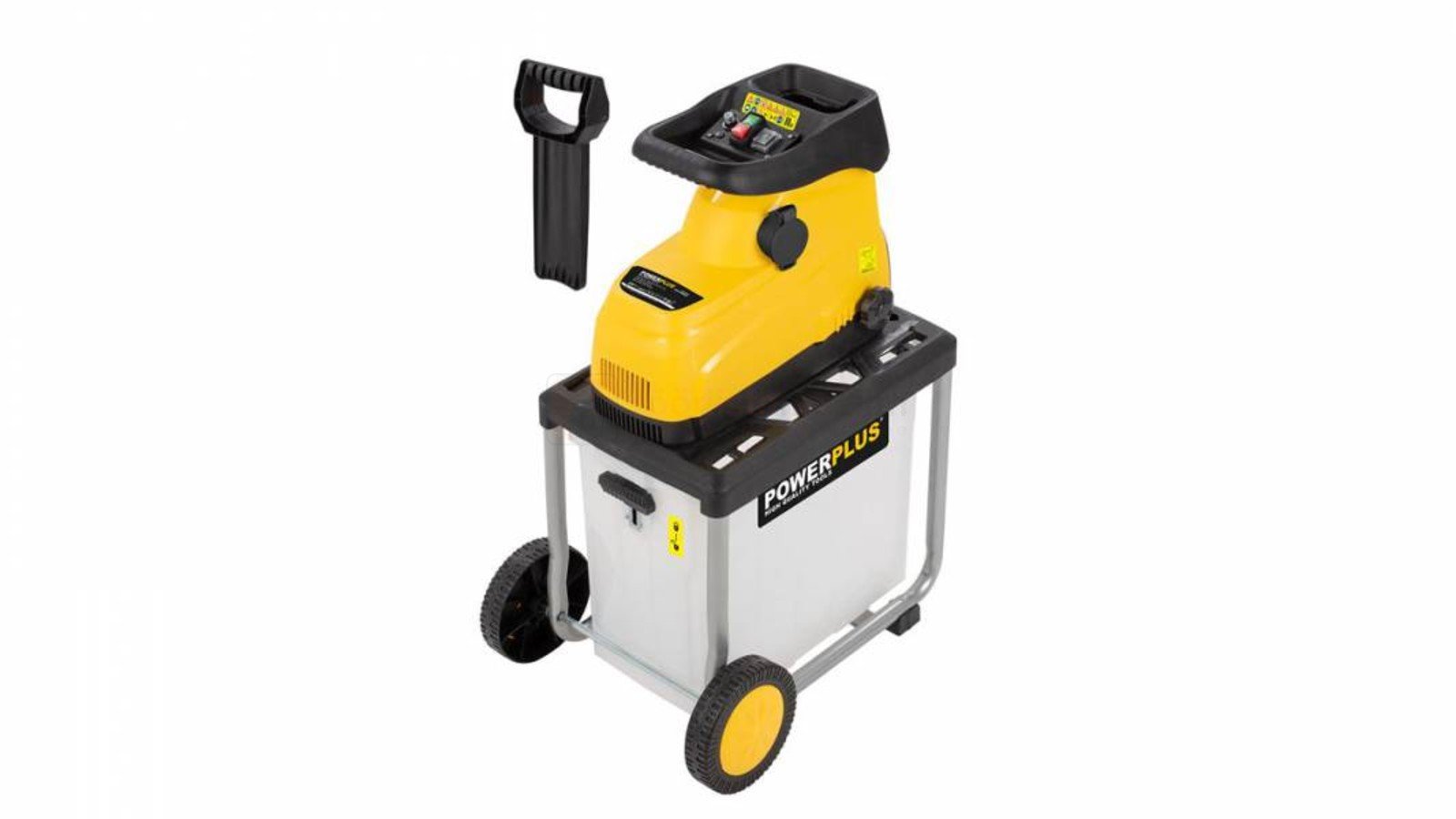 Pildil on Powerplus POWXG6462 oksapurustaja, millel on kollane peamine korpus, must pealmine osa, valge kogumiskast ja...