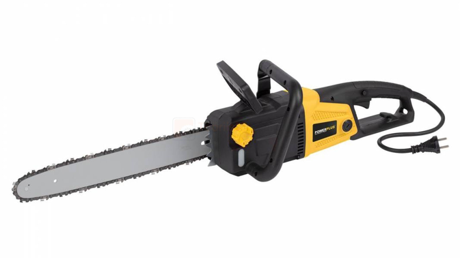 Pildil on näha Powerplus X POWXG1009 elektriline kettsaag, millel on kollane ja must korpus ning pikk saekett.