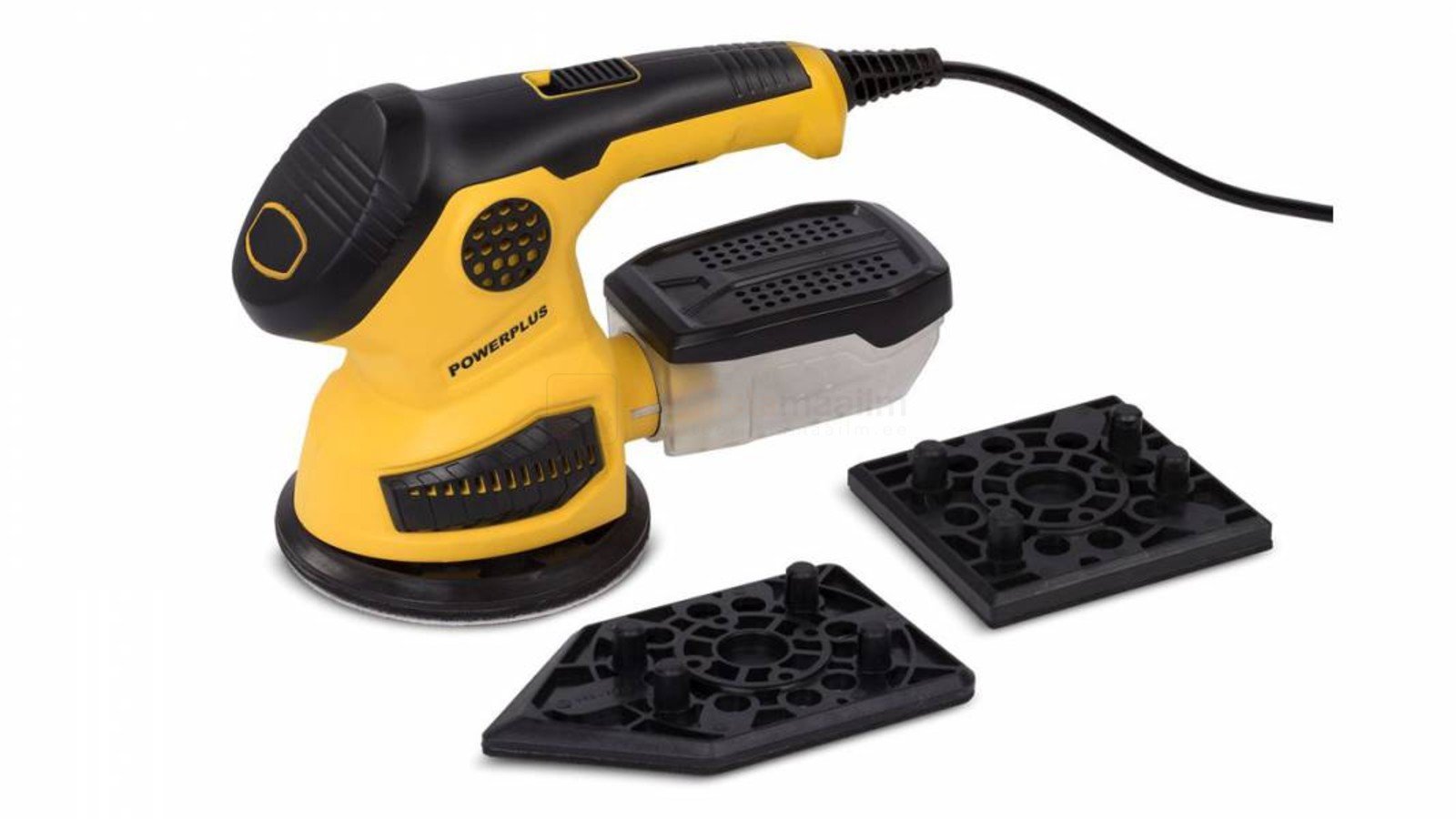Pildil on kollane ja must Powerplus X ekstsentriklihvija POWX0485 koos mitme lihvimisplaadiga ja tolmukogujaga.