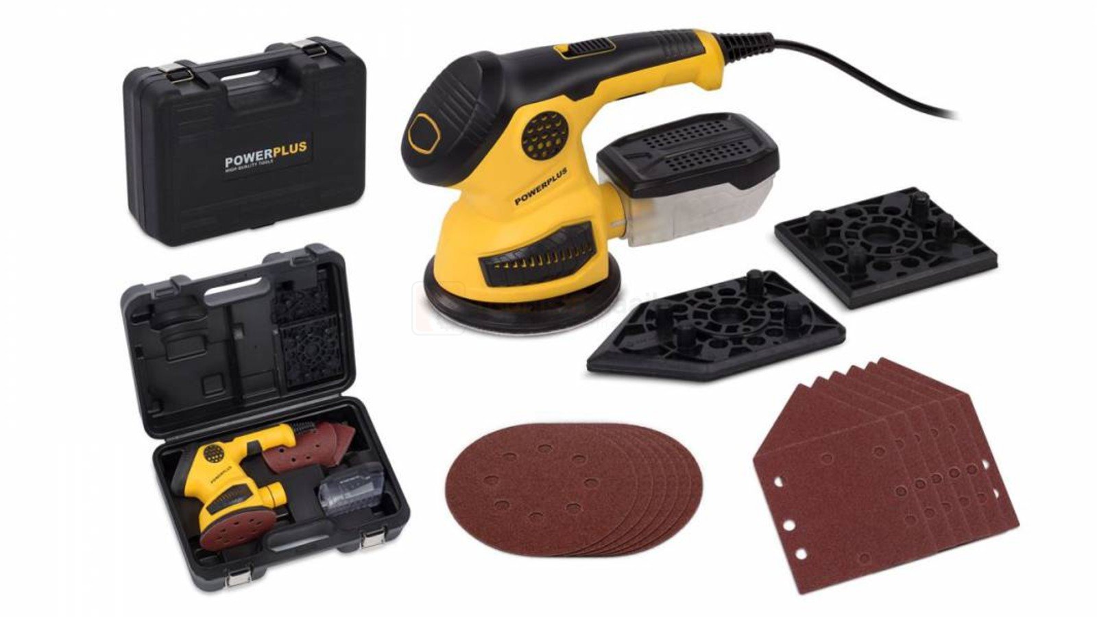 Pildil on Powerplus X POWX0485 ekstsentriklihvija koos erinevate lihvimispeade, lihvpaberite ja hoiukohvriga.