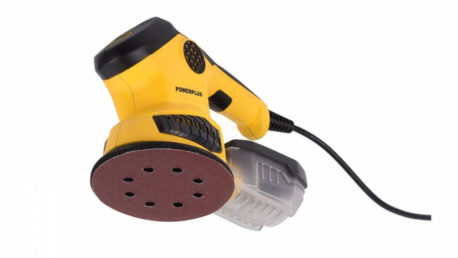 Pildil on kollane Powerplus X ekstsentriklihvija POWX0485, millel on küljes tolmukogumiskast.