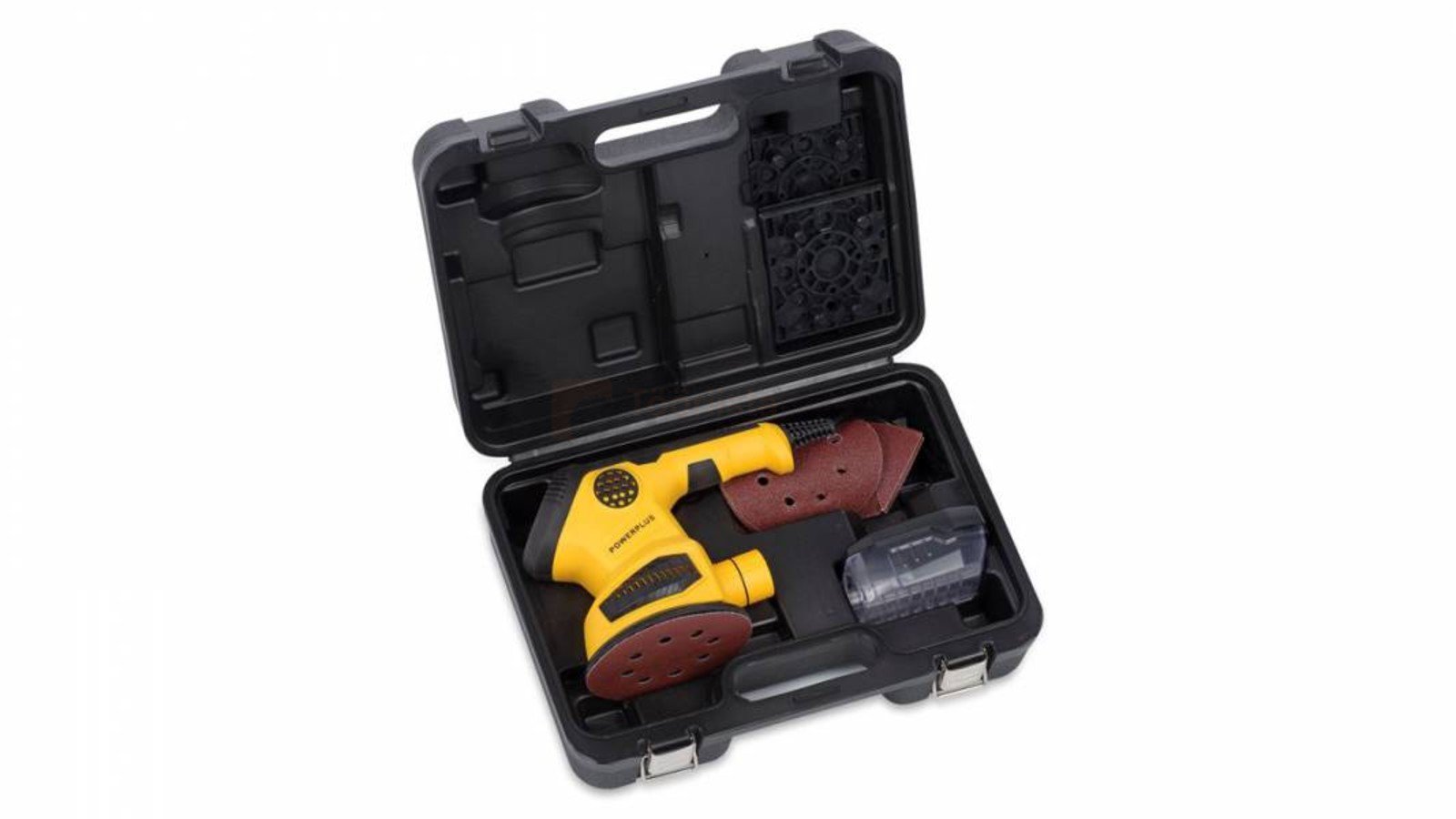 Pildil on avatud mustas kohvris Powerplus X ekstsentriklihvija POWX0485 koos tarvikutega.