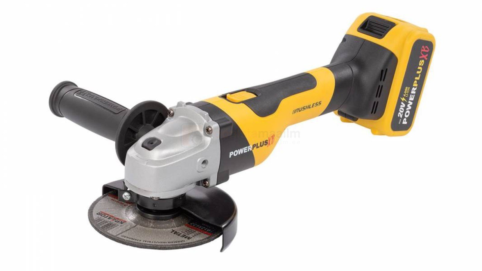 Pildil on kollane-musta värvilahendusega Powerplus X POWXB20050 akunurklihvija, millel on küljel käepide, ketas ja aku.