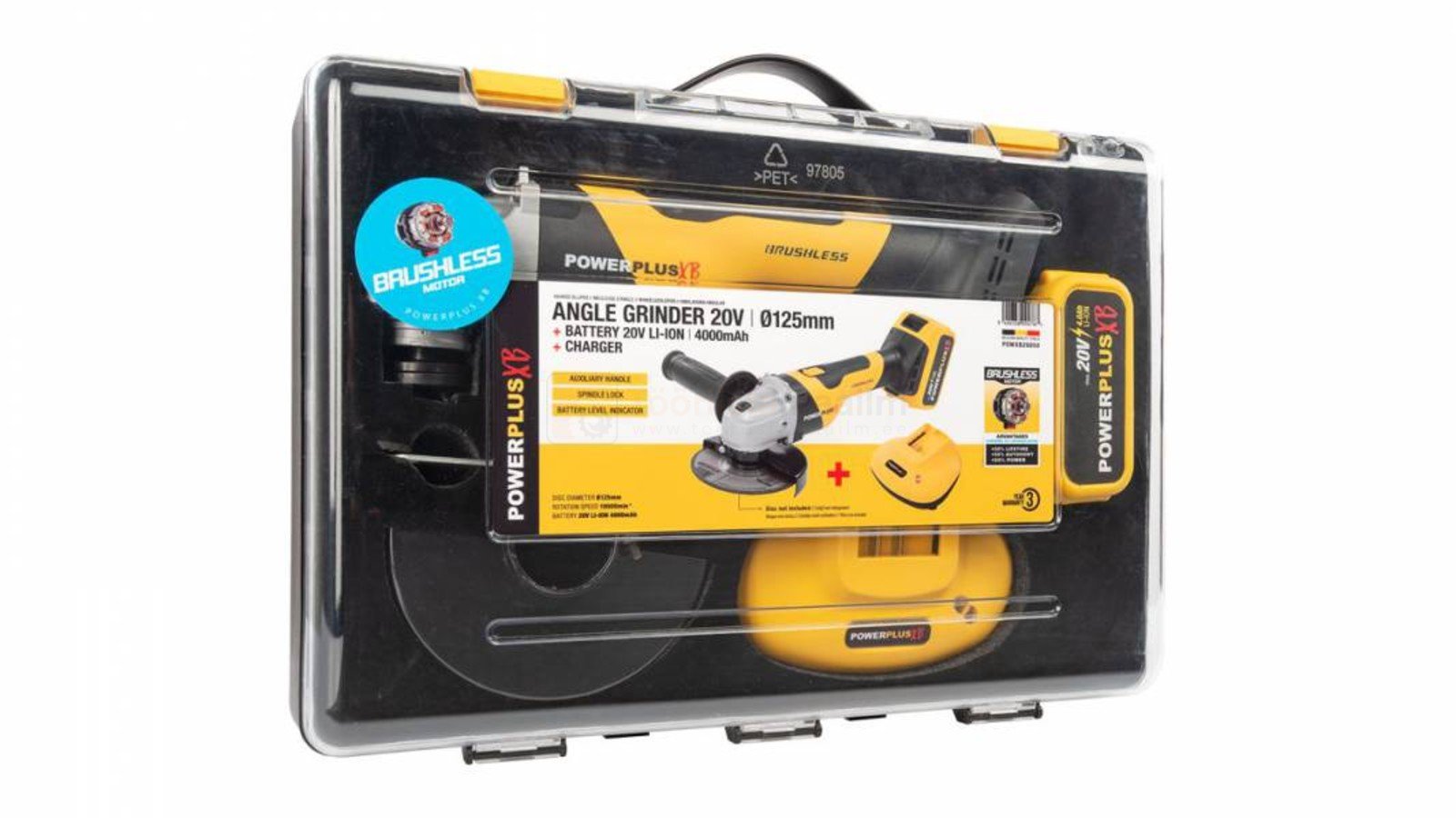 Pildil on Powerplus X akunurklihvija POWXB20050 komplekt, mis sisaldab tööriista, akusid ja tarvikuid, kõik pakitud...