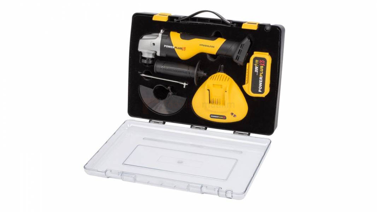 Pildil on mustas kohvris Powerplus X POWXB20050 akunurklihvija koos lisatarvikutega, nagu aku, laadija ja kaitsekilp.