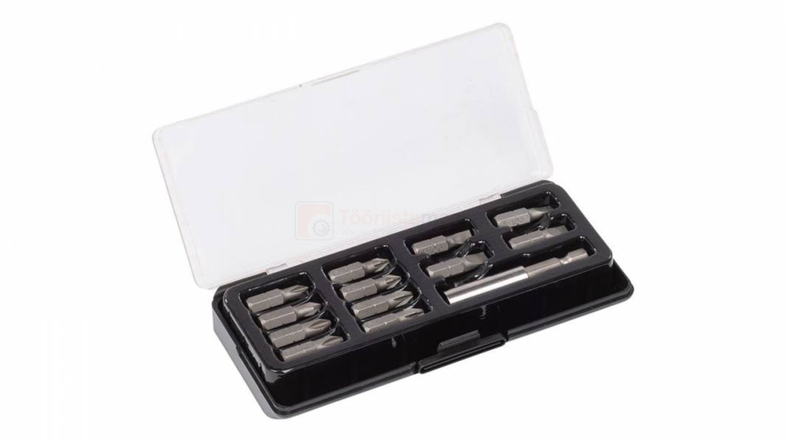 Pildil on Powerplus X akulöökkruvikeeraja POWXB30020 otsakute komplekt, mis sisaldab erinevaid kruvikeeraja otsakuid.