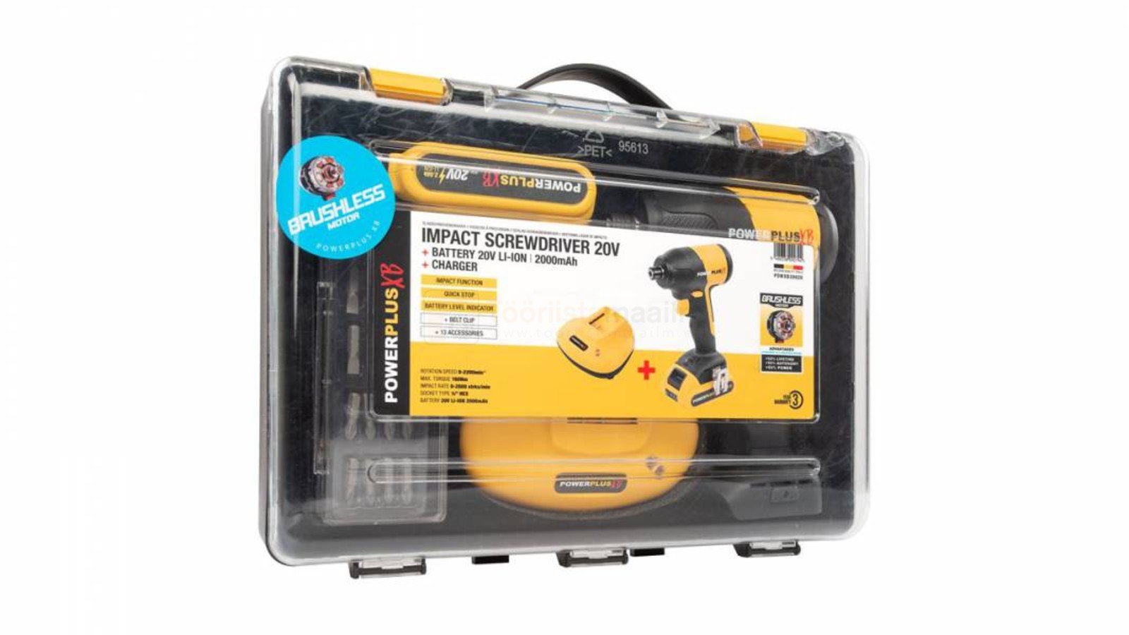 Pildil on Powerplus X akulöökkruvikeeraja POWXB30020 komplekt koos akuga, laadijaga ja tarvikutega, mis on pakitud...