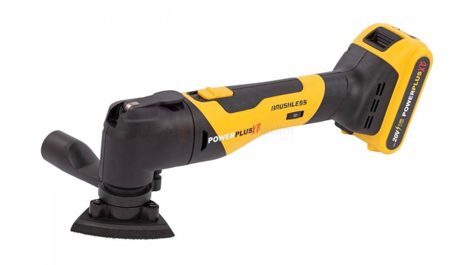 Pildil on akuuniversaaltööriist Powerplus X, millel on kollane ja must värvilahendus ning millega saab teha erinevaid töid.