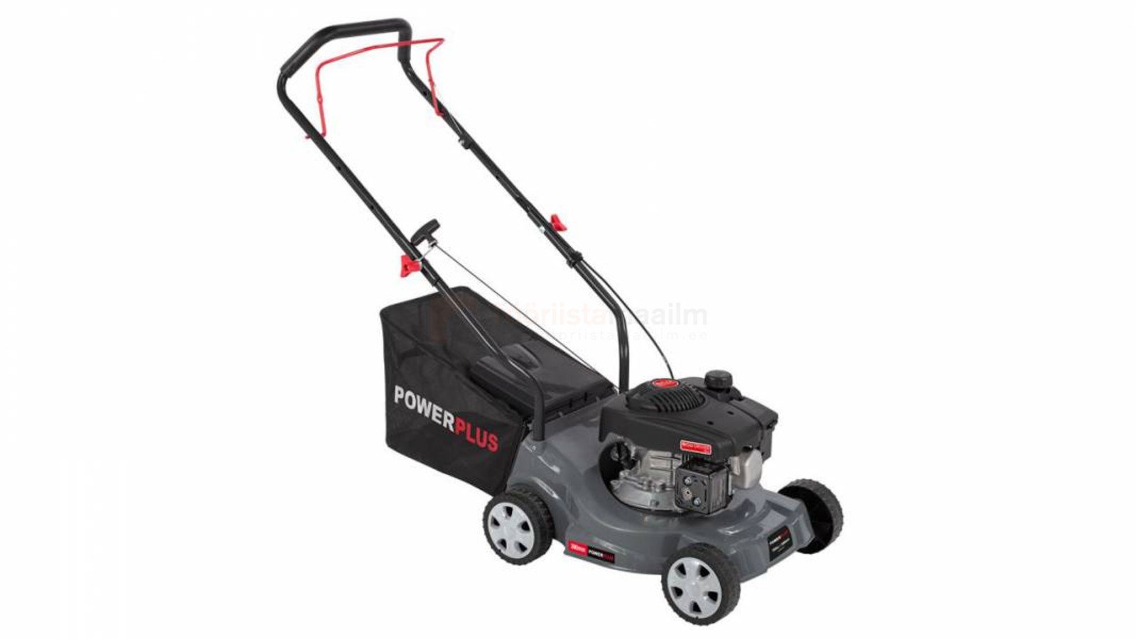 Pildil on muruniiduk Powerplus POWEG63731, millel on must niidukott ja mis on mõeldud muru niitmiseks.