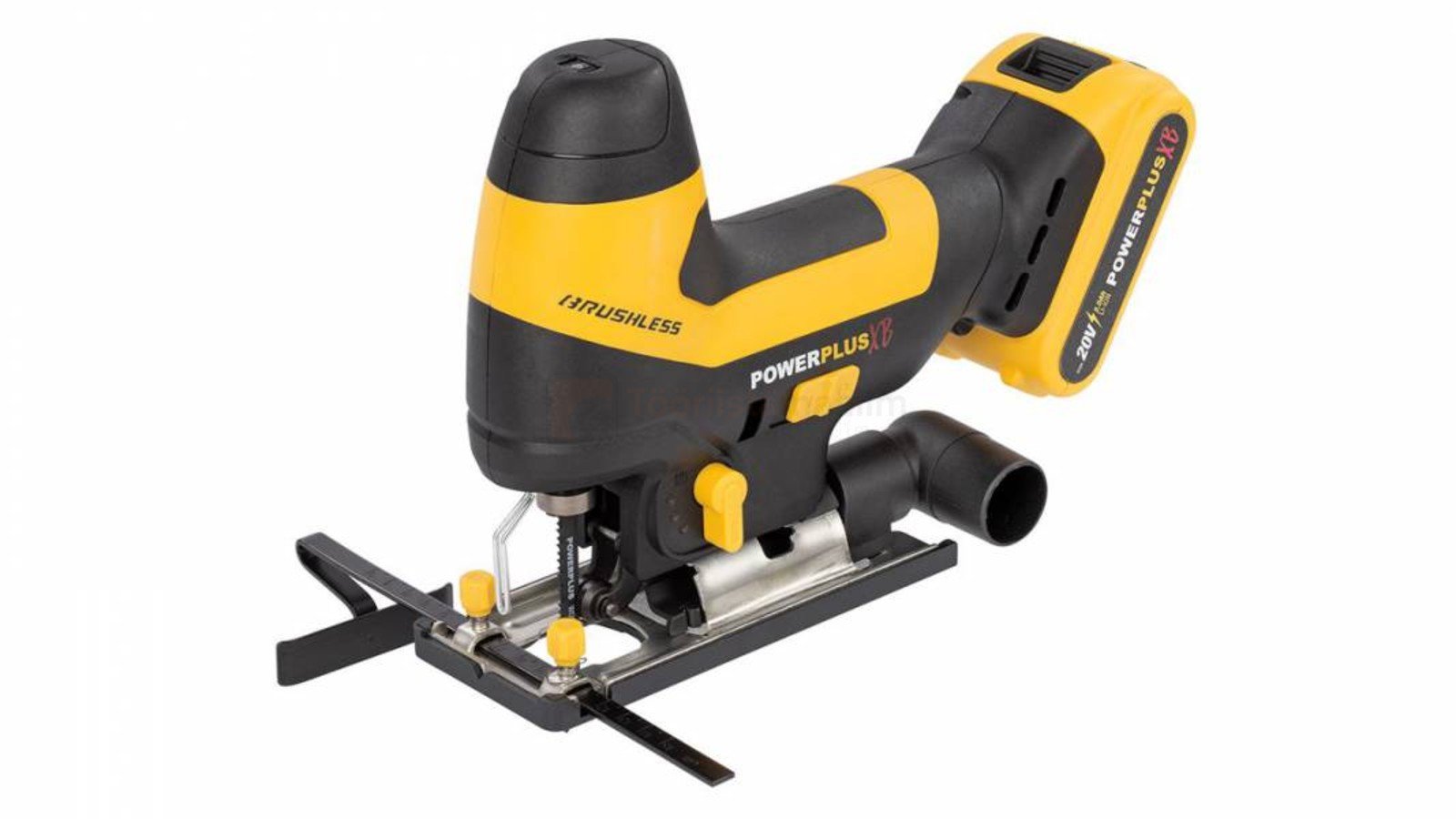Pildil on kollase-musta värvilahendusega Powerplus X akutikksaag POWXB50020, millel on näha saeketas, alusplaat ja aku.