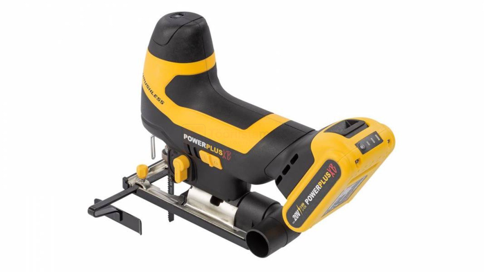 Pildil on kollase ja musta värviga Powerplus X akutikksaag POWXB50020, millel on küljes saetera ja aku.