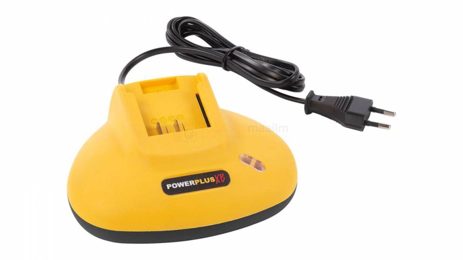 Pildil on kollane Powerplus X akulaadija, millel on must toitejuhe ja pistik.