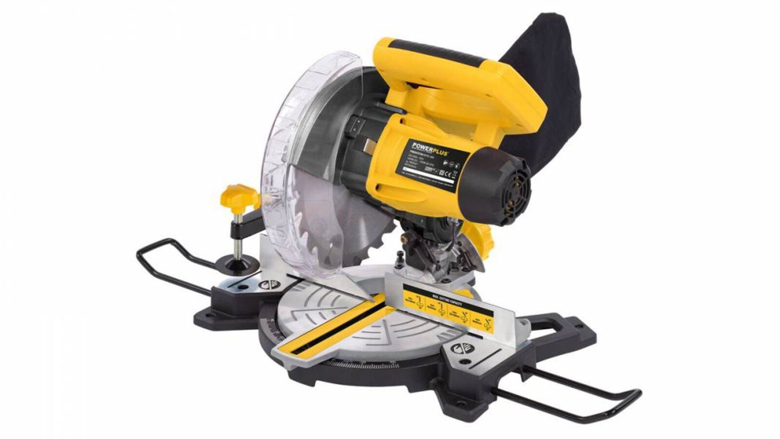 Pildil on Powerplus X POWX075700 nurgasaag, millel on näha saeketas, mootor ja alus.