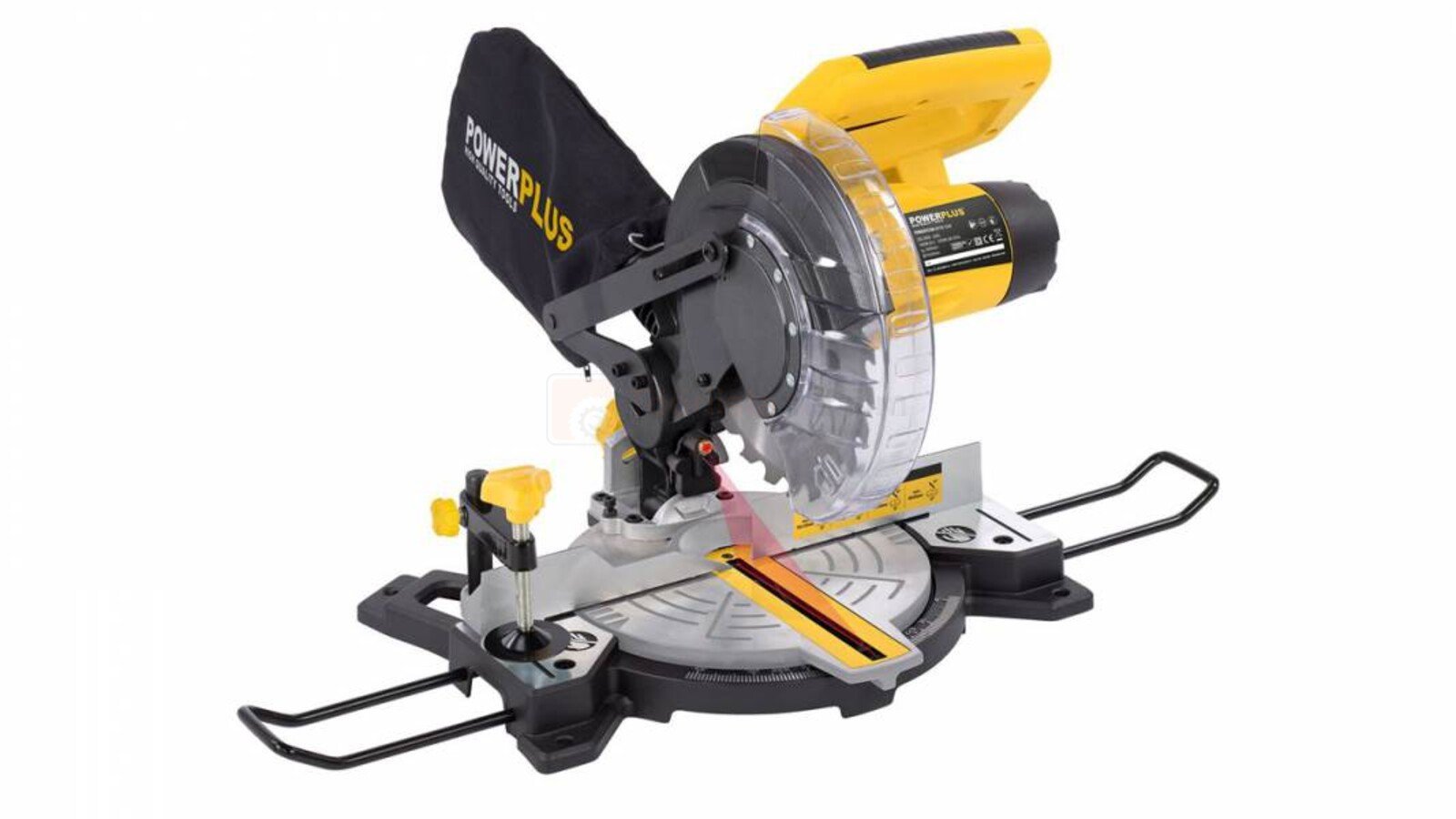 Pildil on Powerplus POWX075700 nurgasaag, millel on näha saeketas, mootor, kaitsekate ja tolmukott.