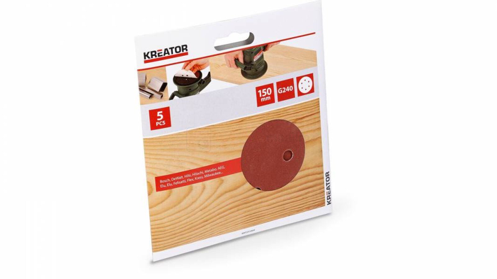 Pildil on Kreator lihvketaste pakend, mis sisaldab viit 150 mm läbimõõduga lihvketast.
