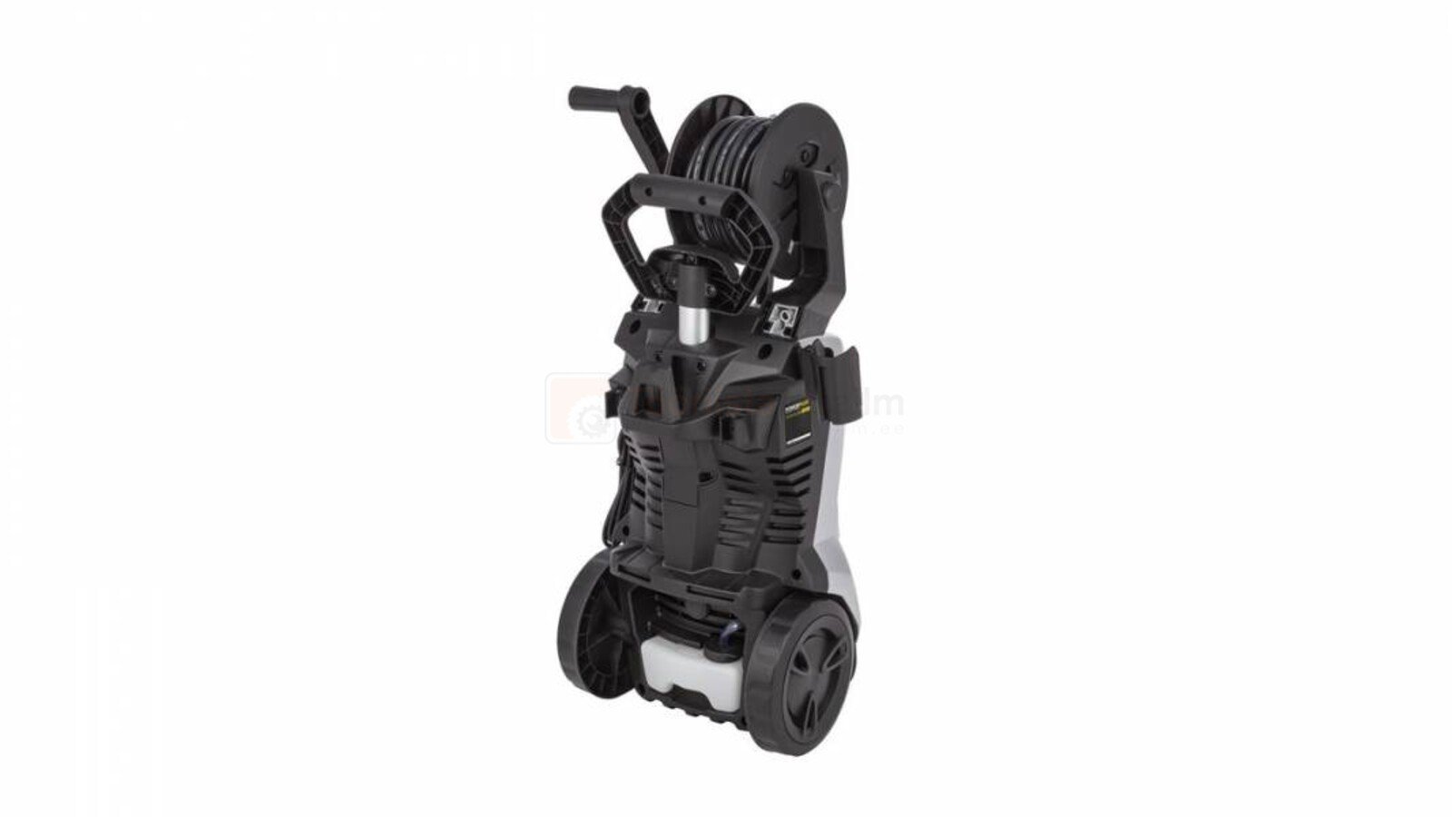 Pildil on Powerplus X POWXG90416 survepesur, millel on rattad, voolikurull ja käepide.