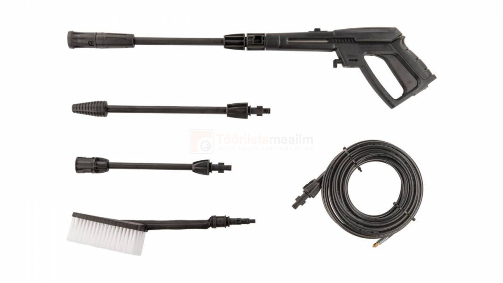 Pildil on Powerplus X POWXG90416 survepesur koos erinevate otsikute, harja ja voolikuga.