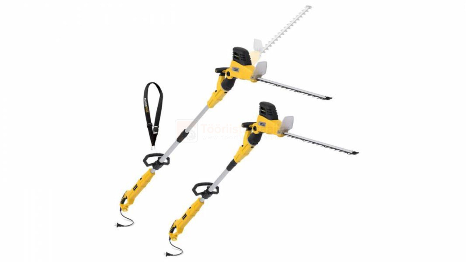 Pildil on kaks kollast Powerplus X POWXG2041 hekilõikurit koos rihmaga.