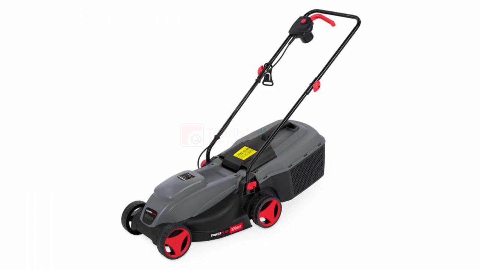 Pildil on elektriline muruniiduk Powerplus POWEG63705, millel on punased rattad ja must-hall korpus.